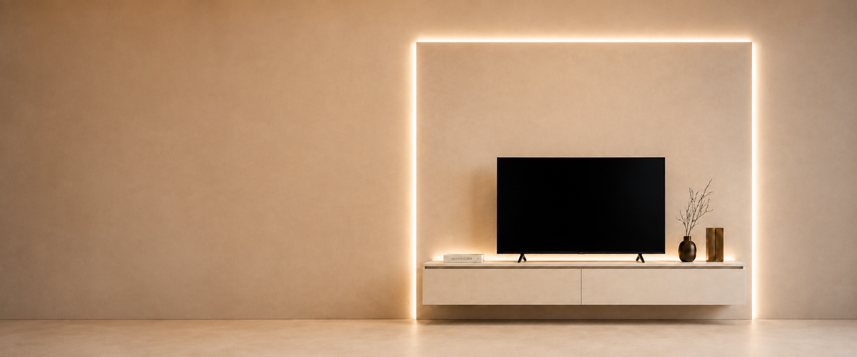 Meuble TV suspendu blanc à deux grands rangements, intégré dans un décor minimaliste avec éclairage LED chaud pour une ambiance moderne et élégante.