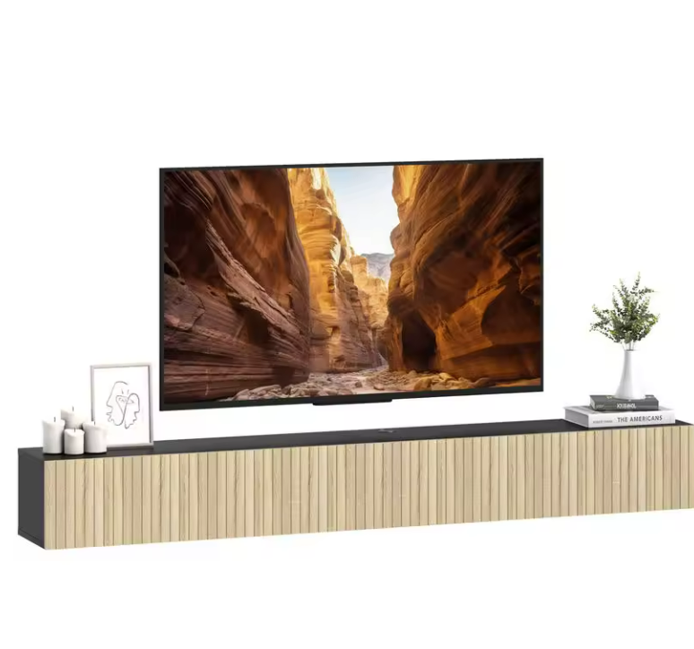 Meuble TV Suspendu 140cm Bois Naturel et Noir