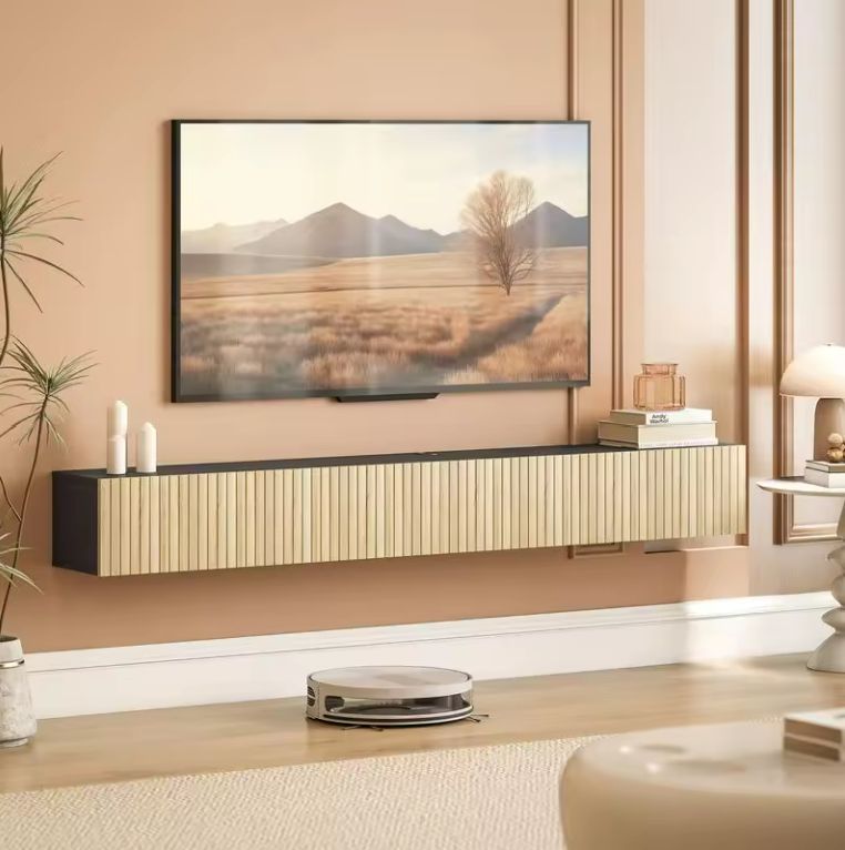 Meuble TV Suspendu 140cm Bois Naturel et Noir