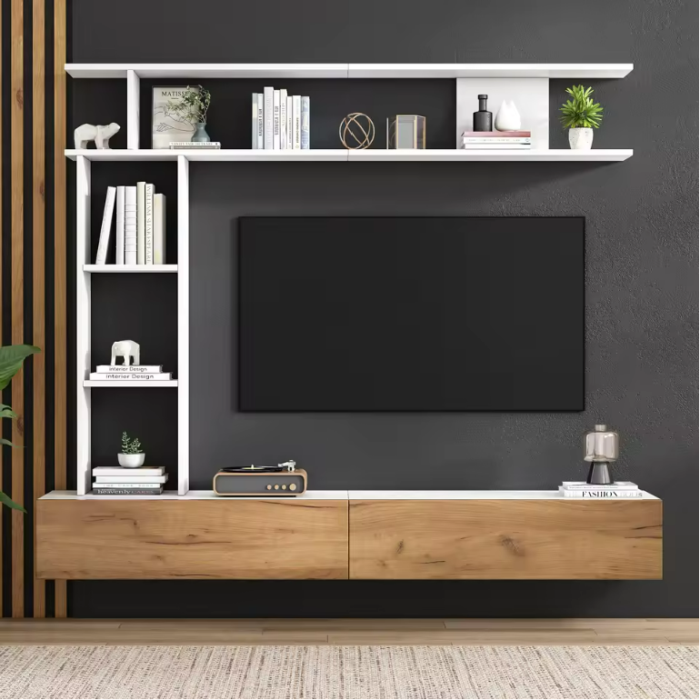 Ensemble Mural TV 180cm avec Étagère en L