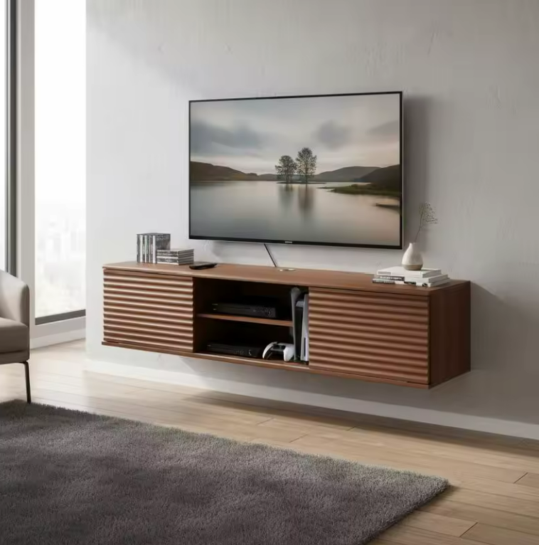 Meuble TV Suspendu 152cm Noyer avec Porte Coulissante