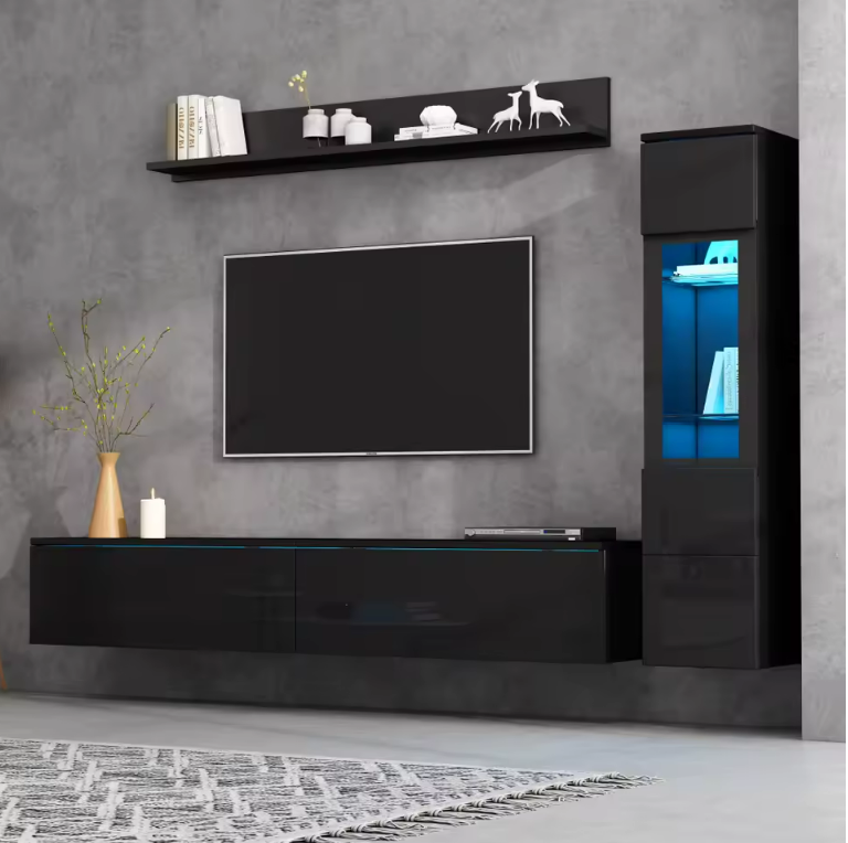 Ensemble Mural TV 3 Pièces Noir avec Éclairage LED