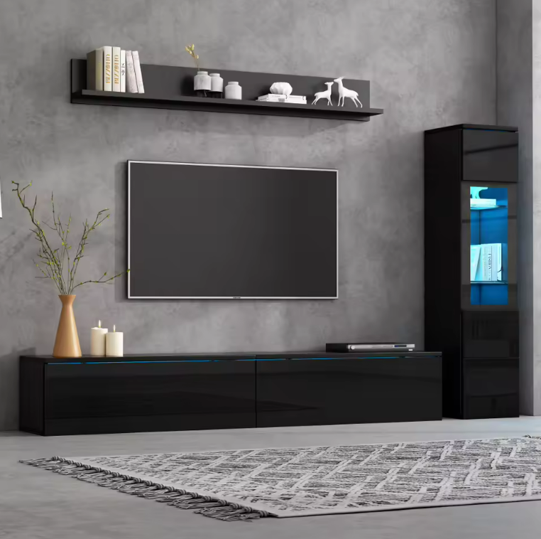 Ensemble Mural TV 3 Pièces Noir avec Éclairage LED