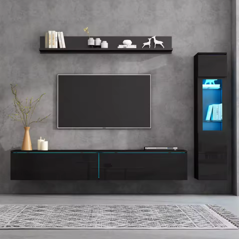 Ensemble Mural TV 3 Pièces Noir avec Éclairage LED
