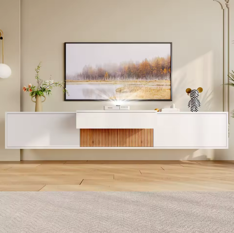 Meuble TV 180cm Blanc avec Étagère Projecteur