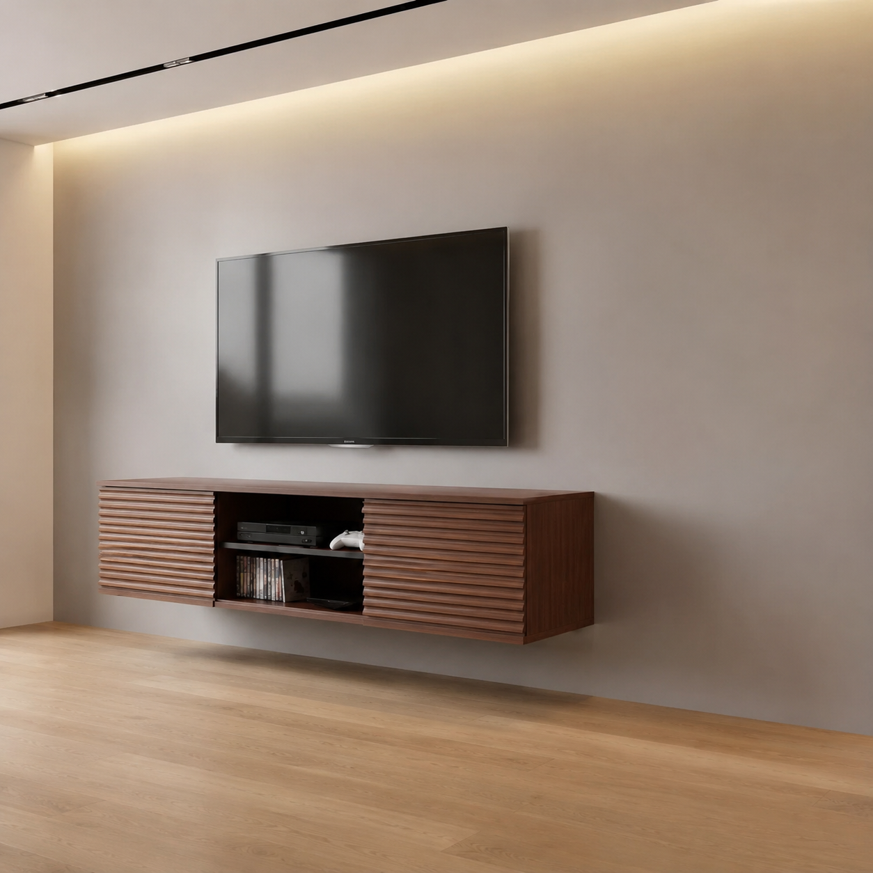 Meuble TV Suspendu 152cm Noyer avec Porte Coulissante