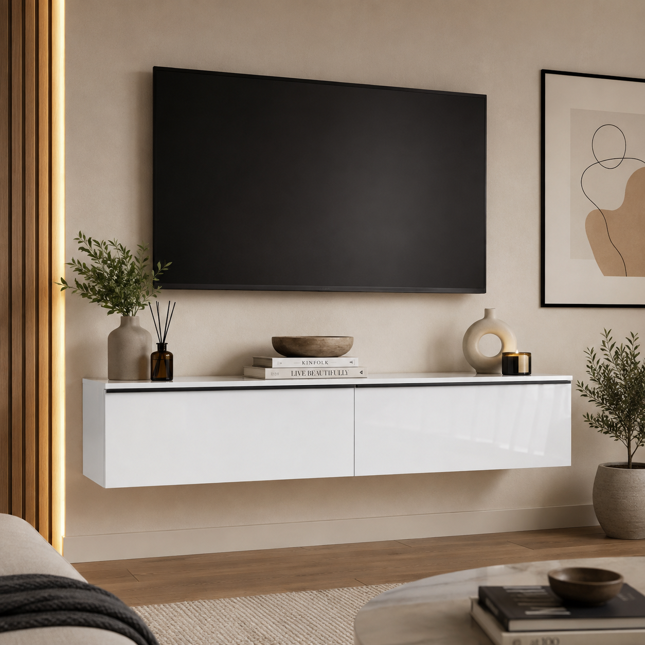 Meuble TV Suspendu 160 cm Blanc Brillant avec Rangements Fermés