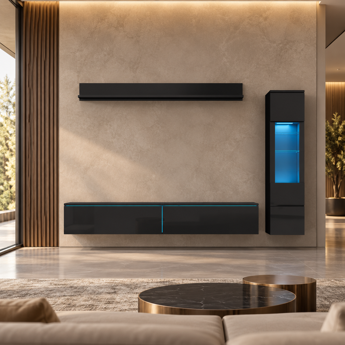 Ensemble meuble TV suspendu 180cm 3 Pièces Noir avec Éclairage LED