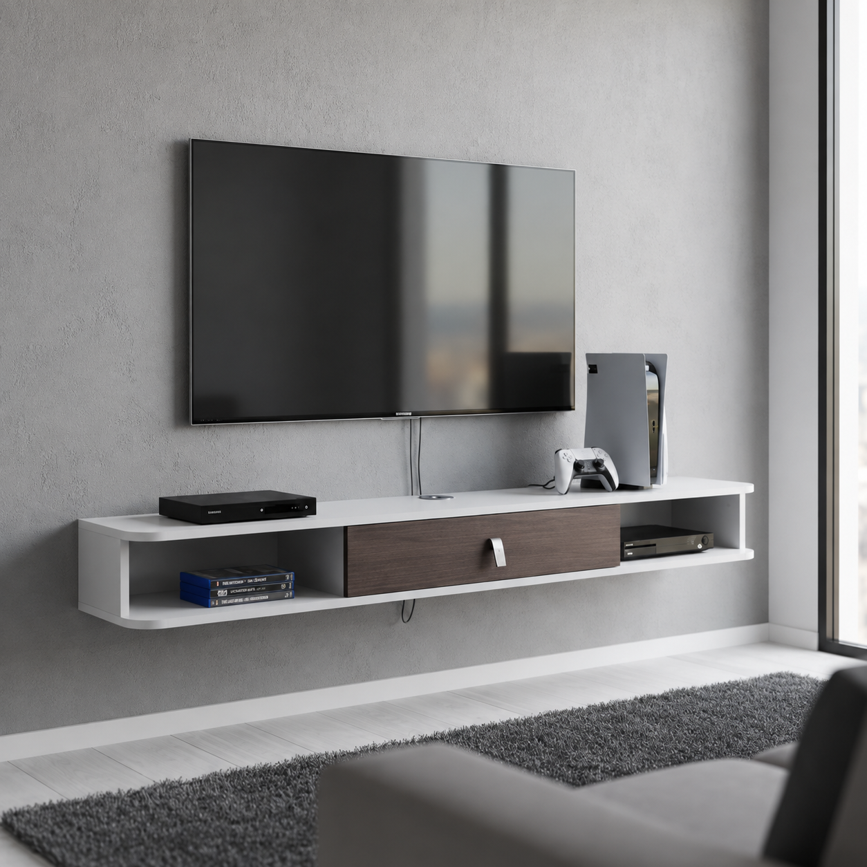Meuble TV Suspendu 140cm avec Passe-câble et Rangement