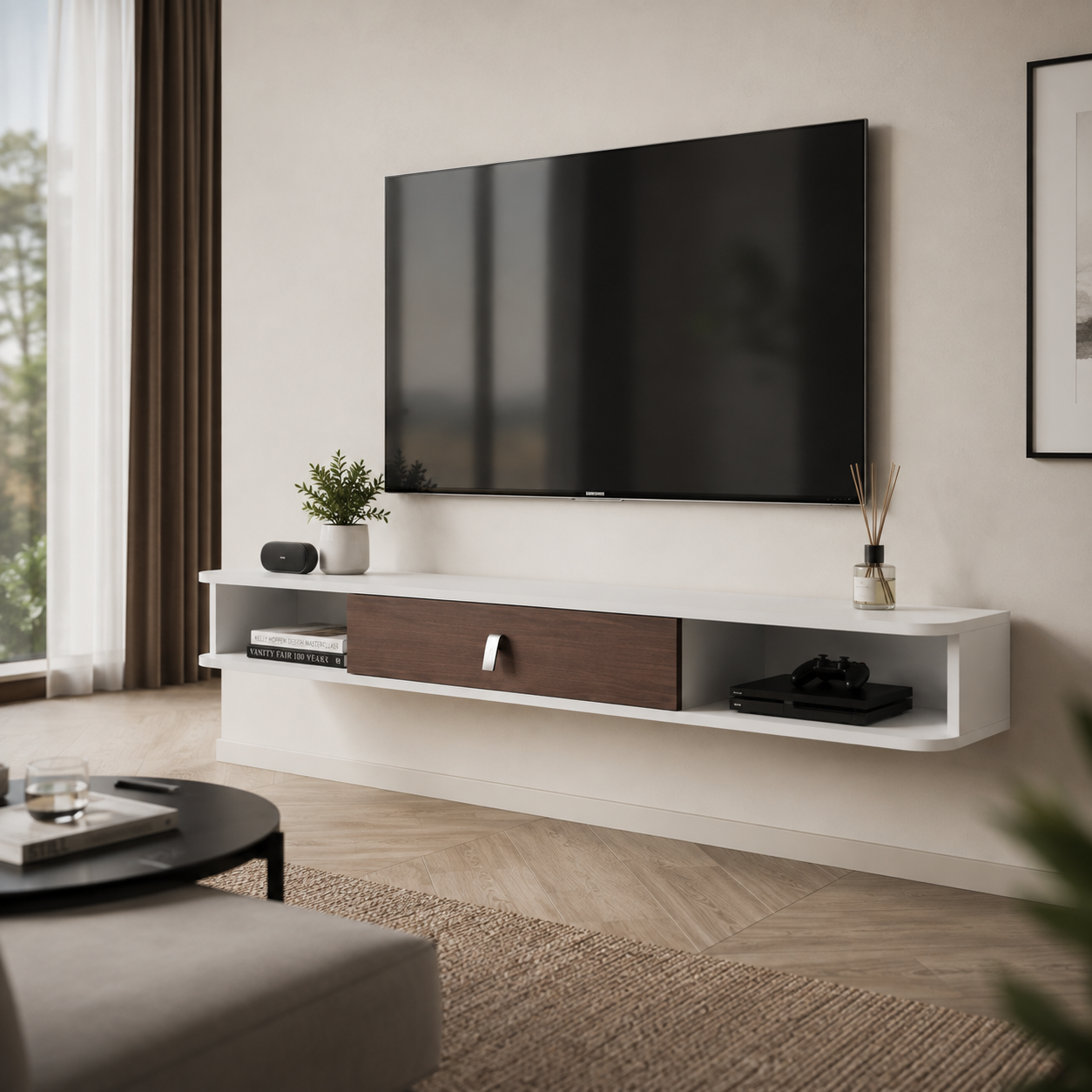 Meuble TV Suspendu 140cm avec Passe-câble et Rangement