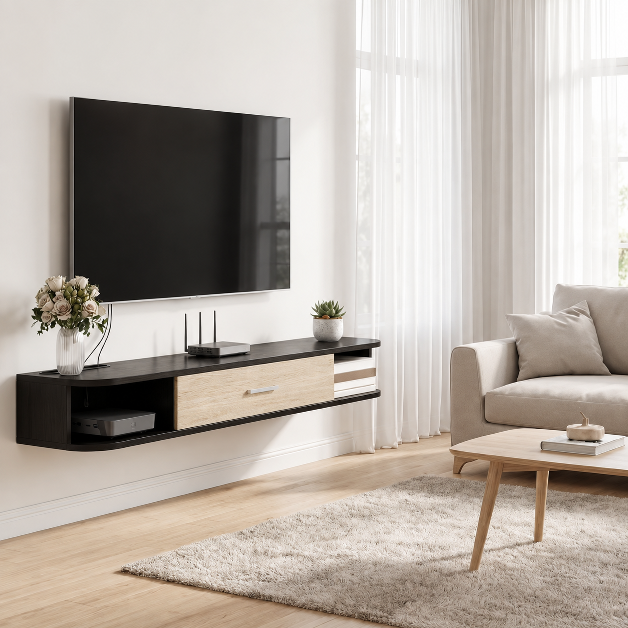 Meuble TV Suspendu 120cm avec Placard et Passe-câbles