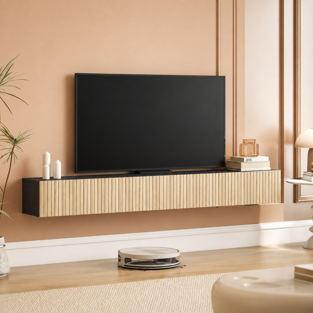 Meuble TV Suspendu 140cm Bois Naturel et Noir