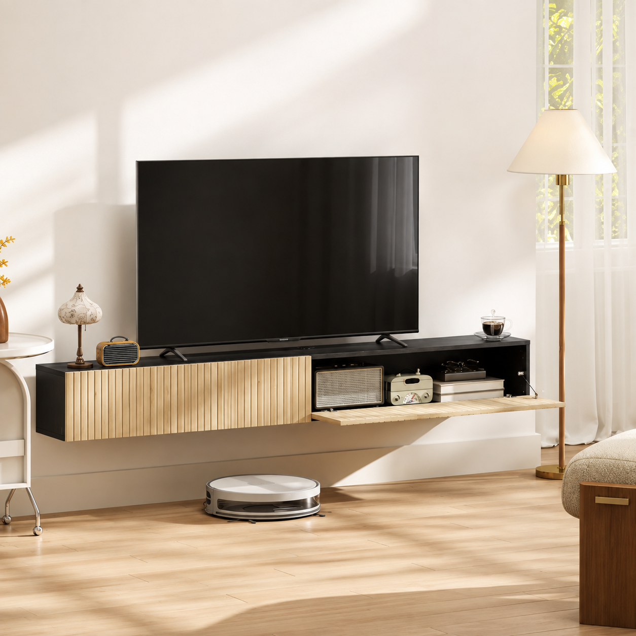 Meuble TV Suspendu 140cm Bois Naturel et Noir