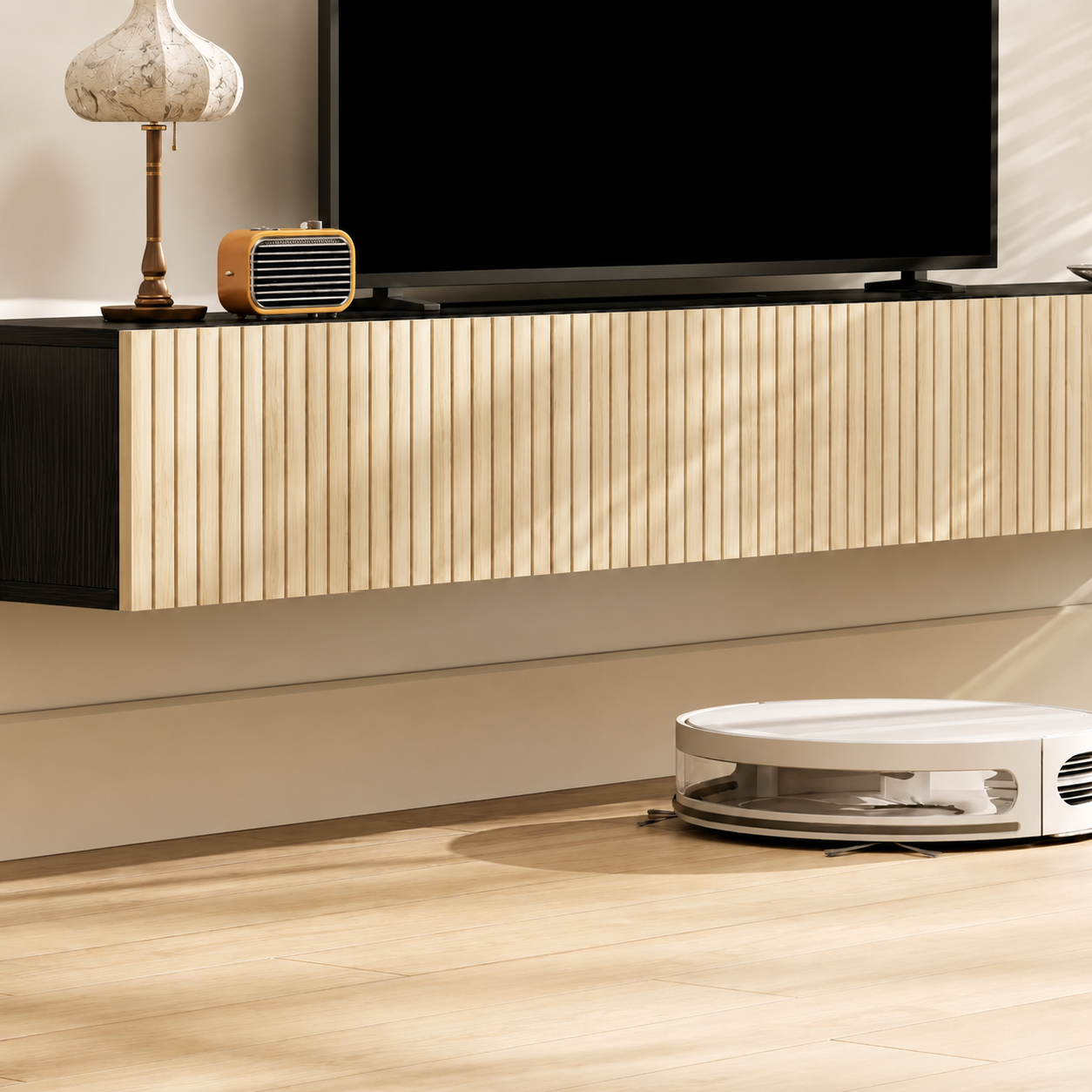 Meuble TV Suspendu 140cm Bois Naturel et Noir