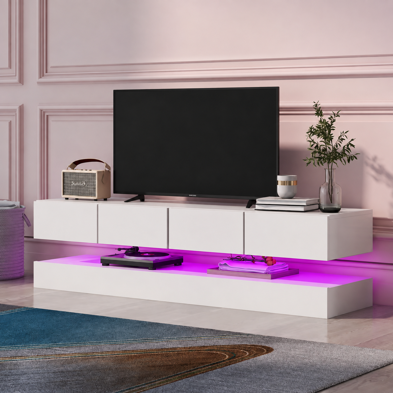 Meuble TV Suspendu 130cm Blanc Brillant avec Tiroirs