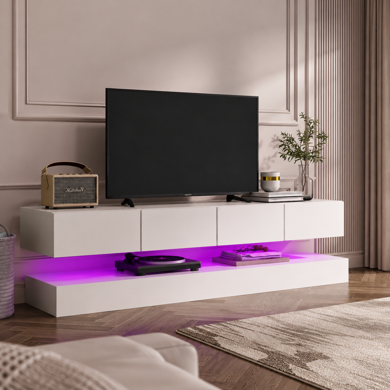 Meuble TV Suspendu 130cm Blanc Brillant avec Tiroirs
