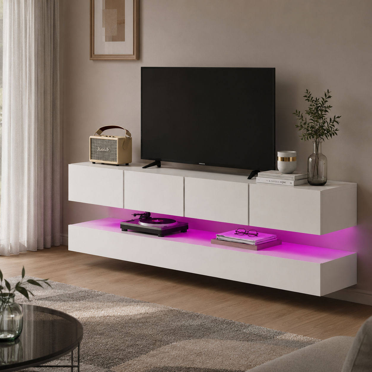 Meuble TV Suspendu 130cm Blanc Brillant avec Tiroirs