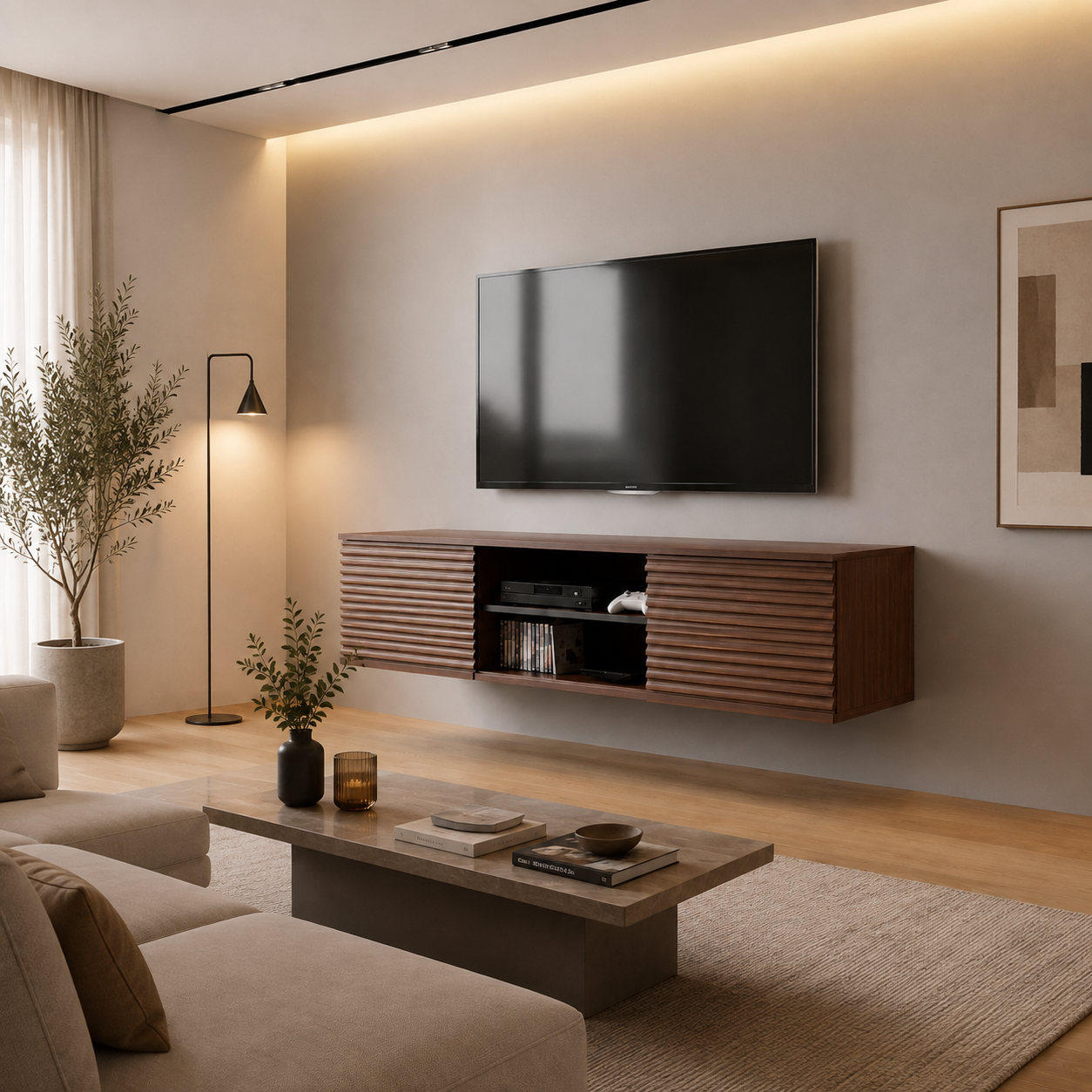 Meuble TV Suspendu 152cm Noyer avec Porte Coulissante