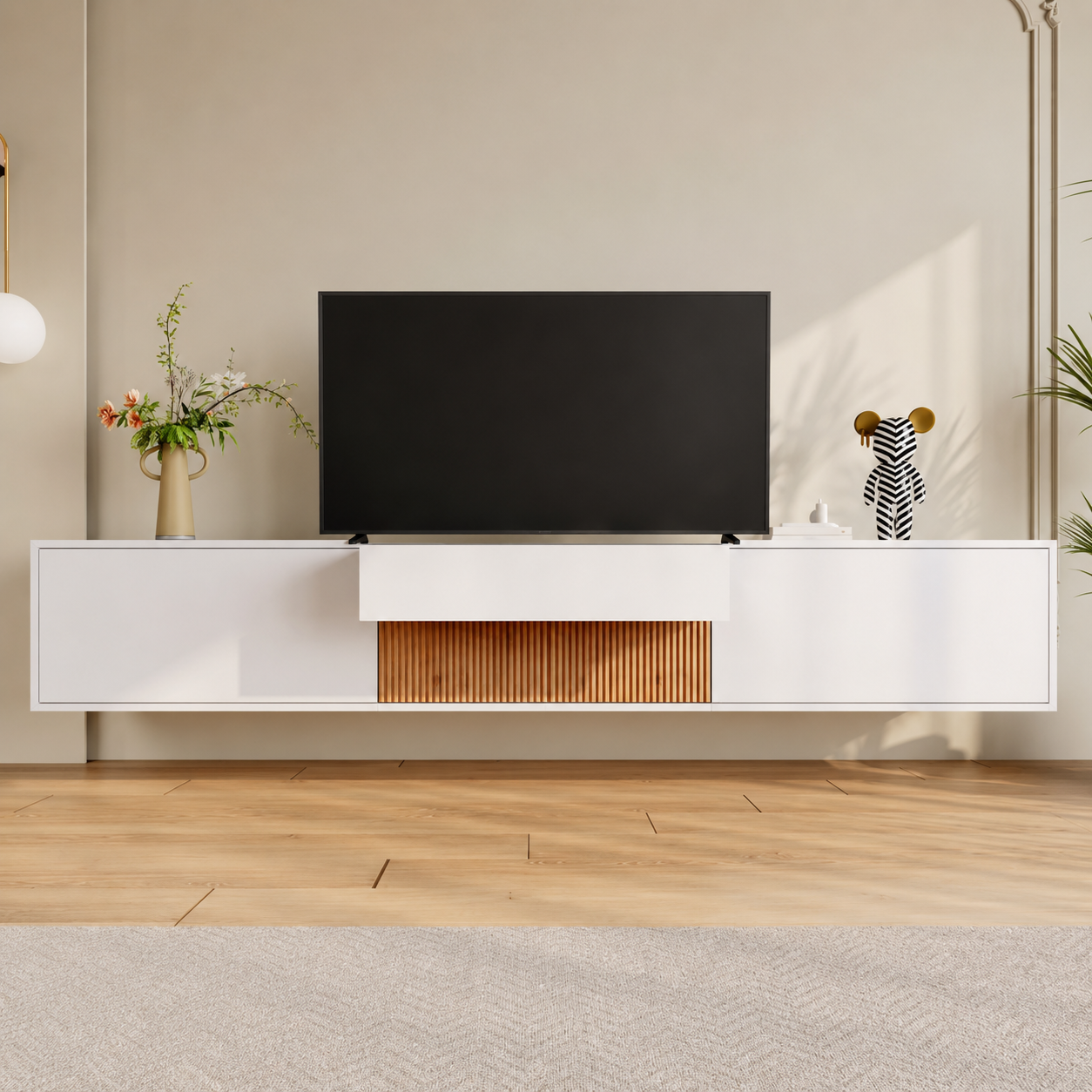 Meuble TV 180cm Blanc avec Étagère Projecteur