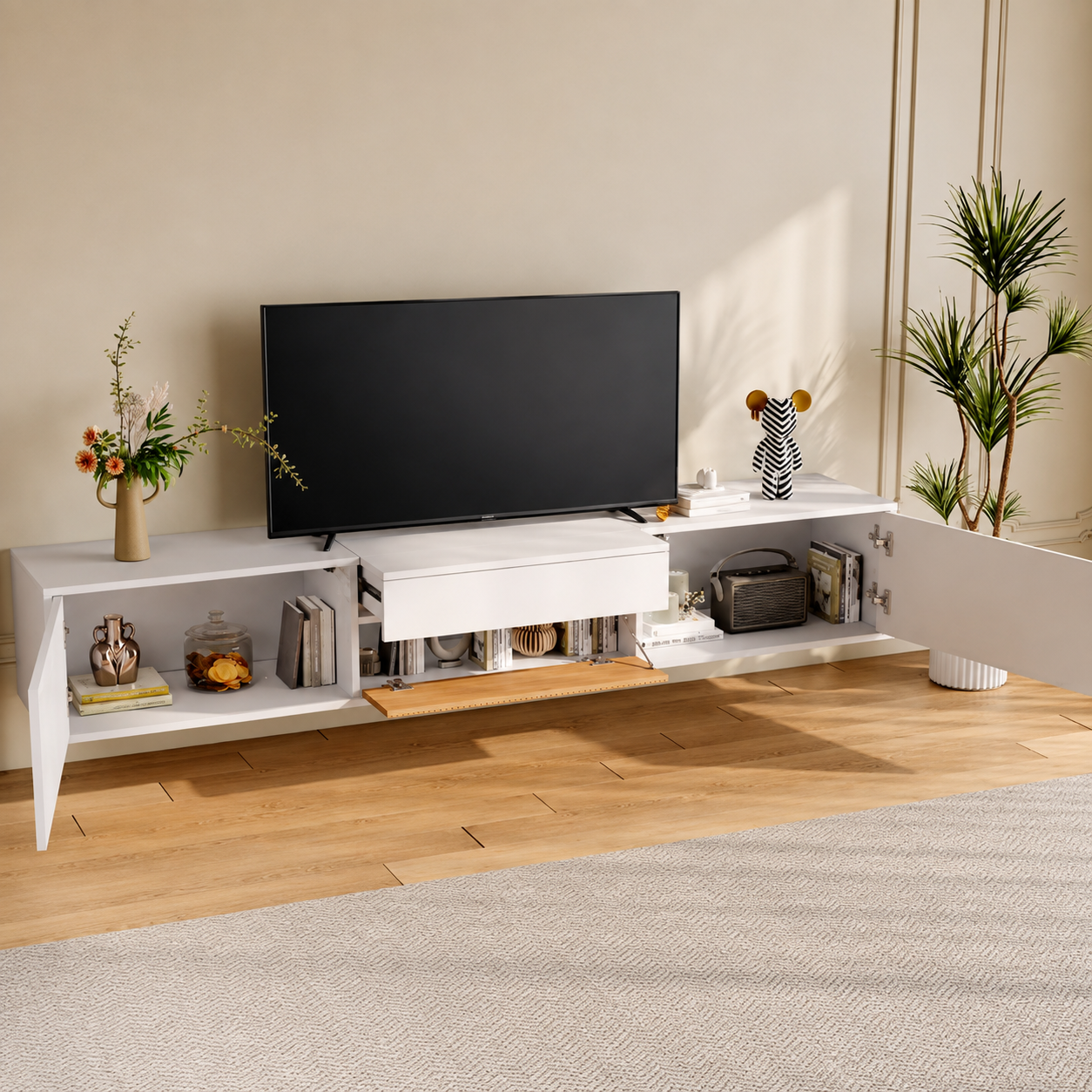 Meuble TV 180cm Blanc avec Étagère Projecteur