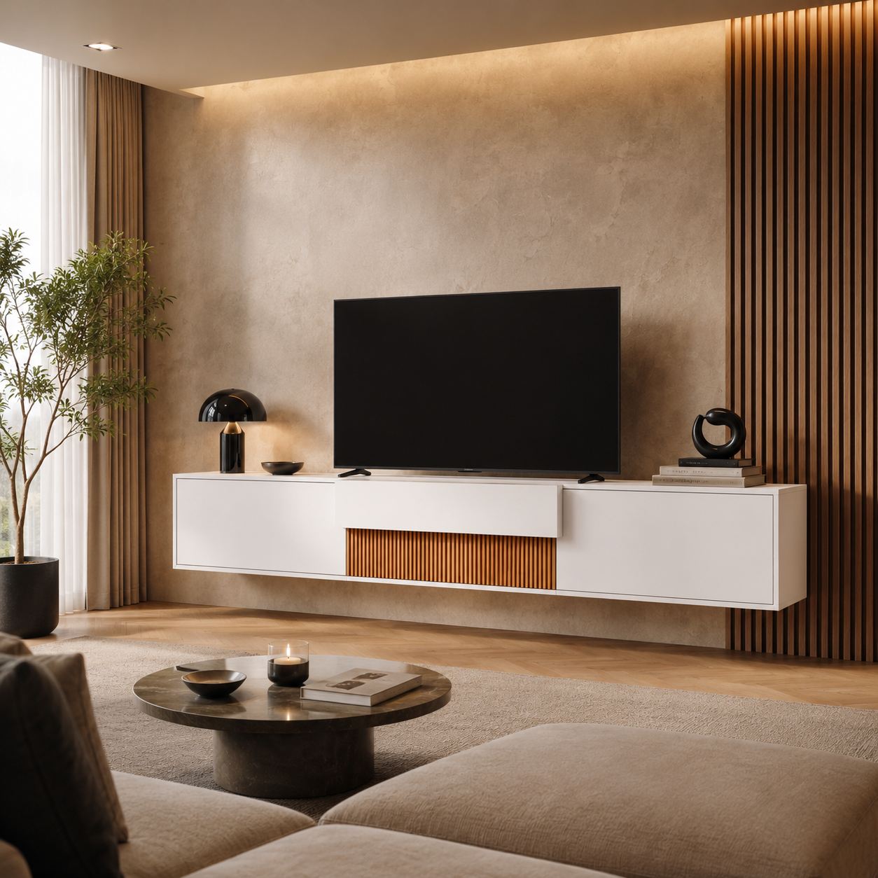 Meuble TV 180cm Blanc avec Étagère Projecteur
