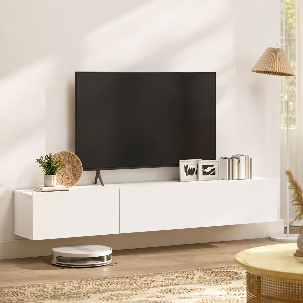 Meuble TV Suspendu 180cm Blanc avec 3 Tiroirs