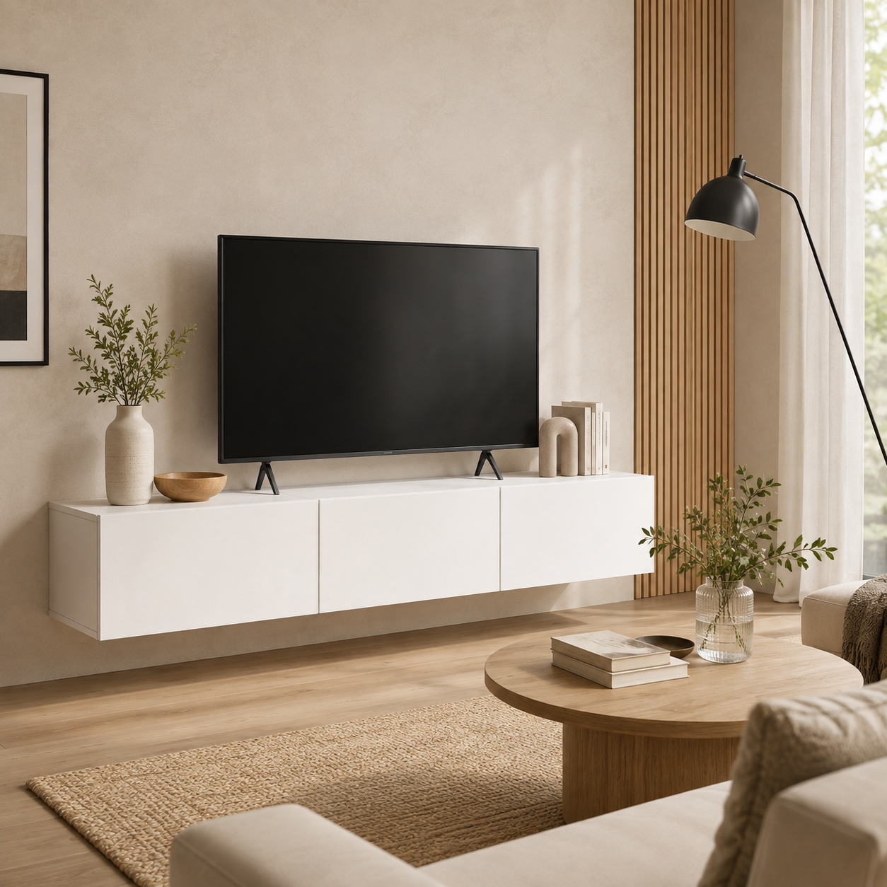 Meuble TV Suspendu 180cm Blanc avec 3 Tiroirs