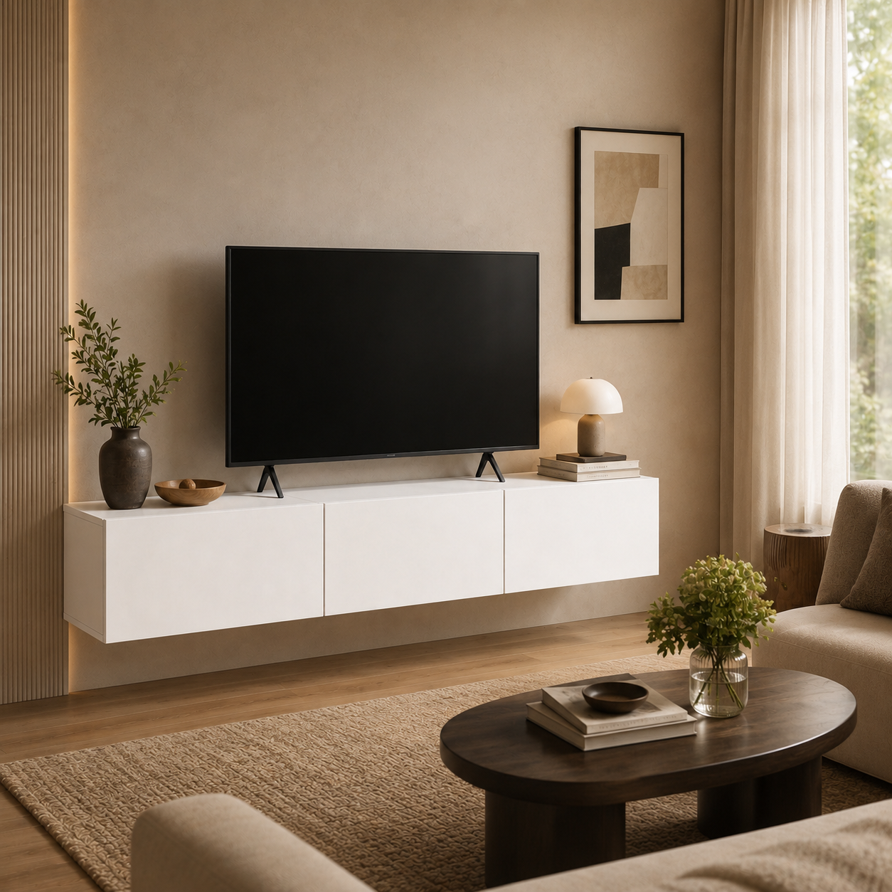 Meuble TV Suspendu 180cm Blanc avec 3 Tiroirs