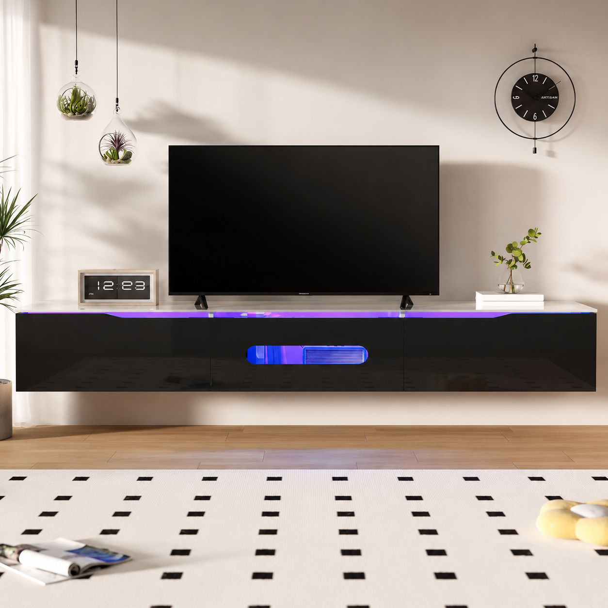 Meuble TV suspendu 180cm Noir avec Éclairage LED 16 Couleurs