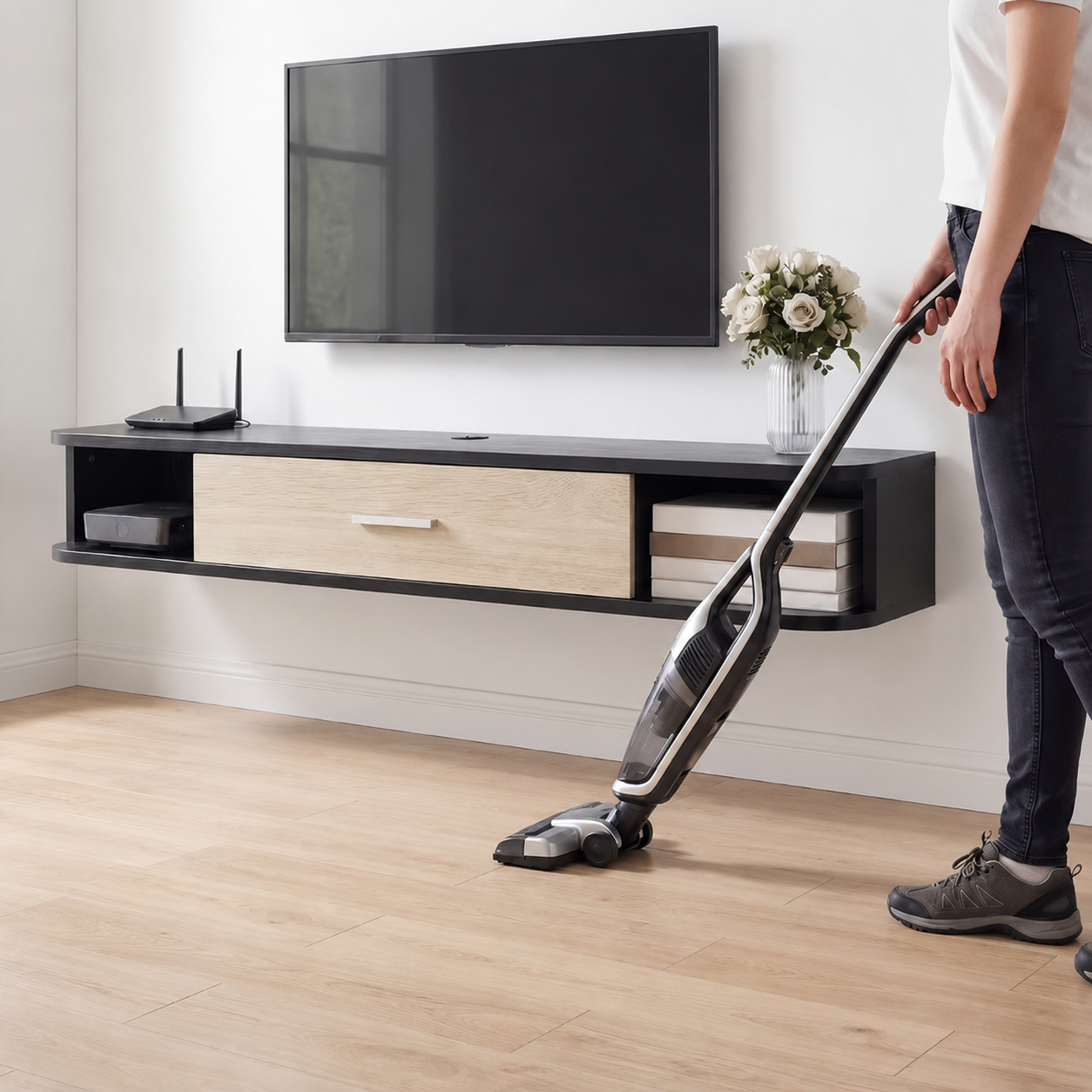 Meuble TV Suspendu 120cm avec Placard et Passe-câbles