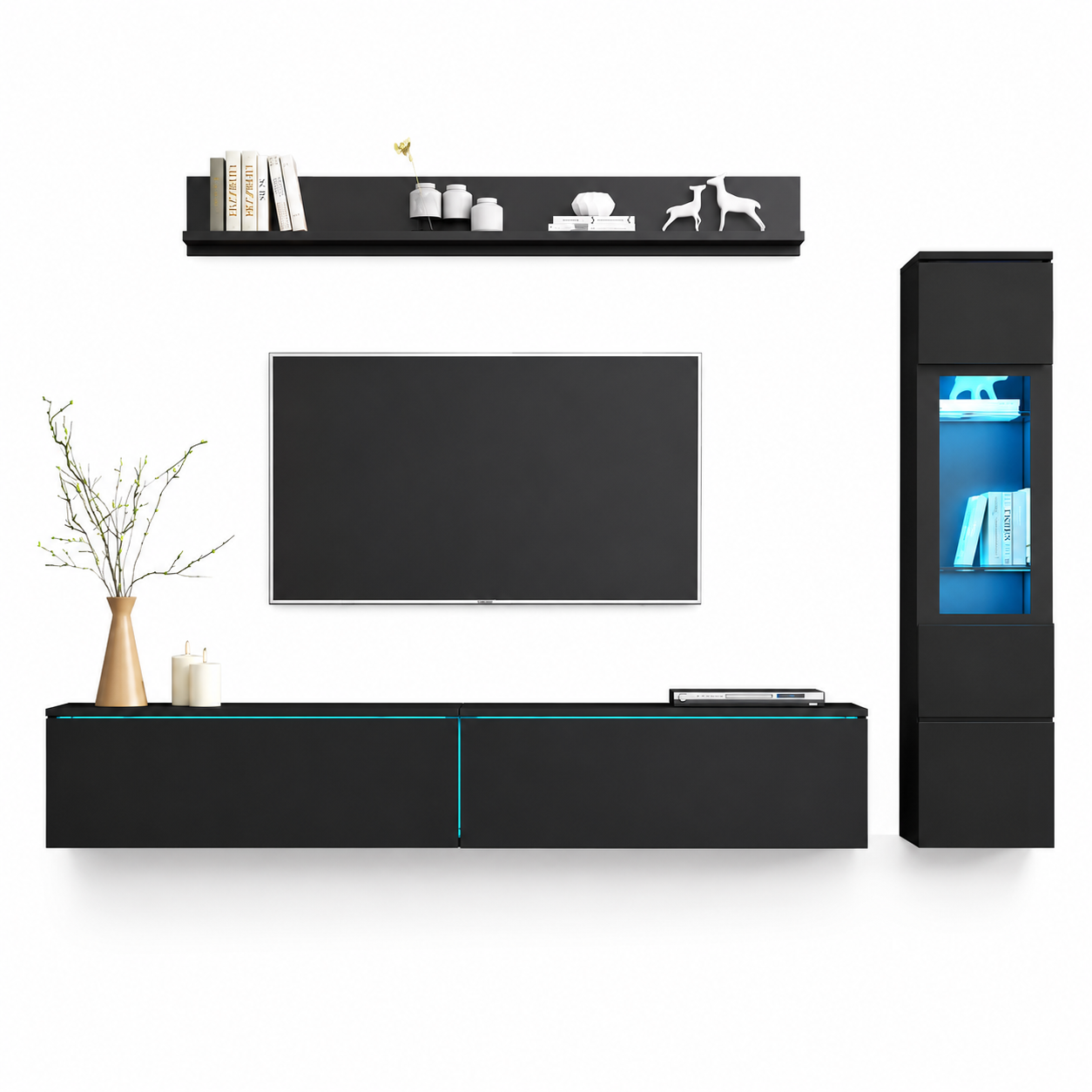 Ensemble Mural TV 3 Pièces Noir avec Éclairage LED