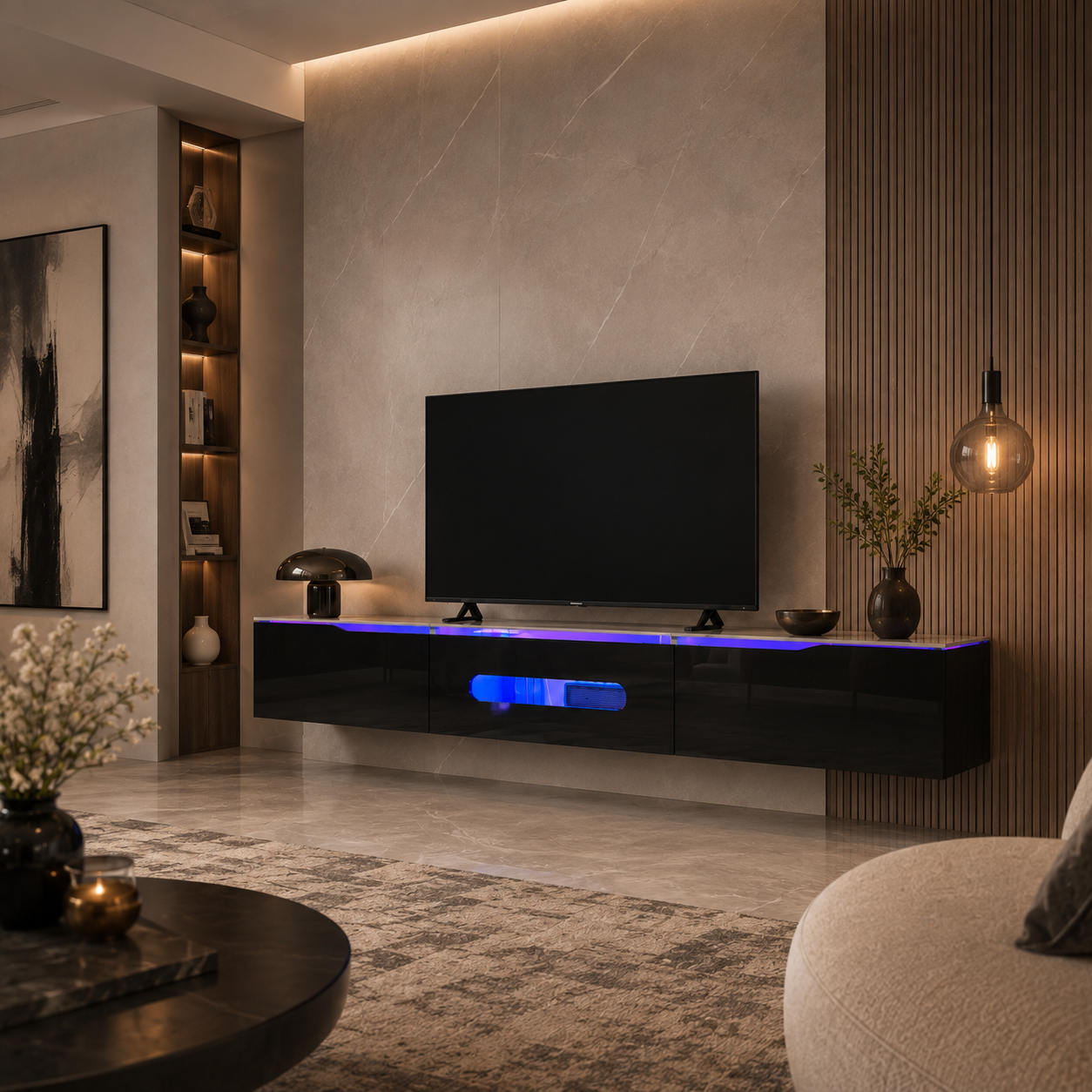 Meuble TV suspendu 180cm Noir avec Éclairage LED 16 Couleurs