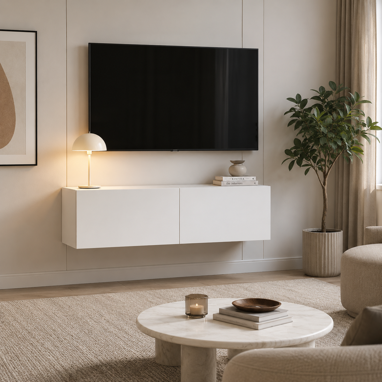 Meuble TV Suspendu 100cm Blanc à Portes Abattantes