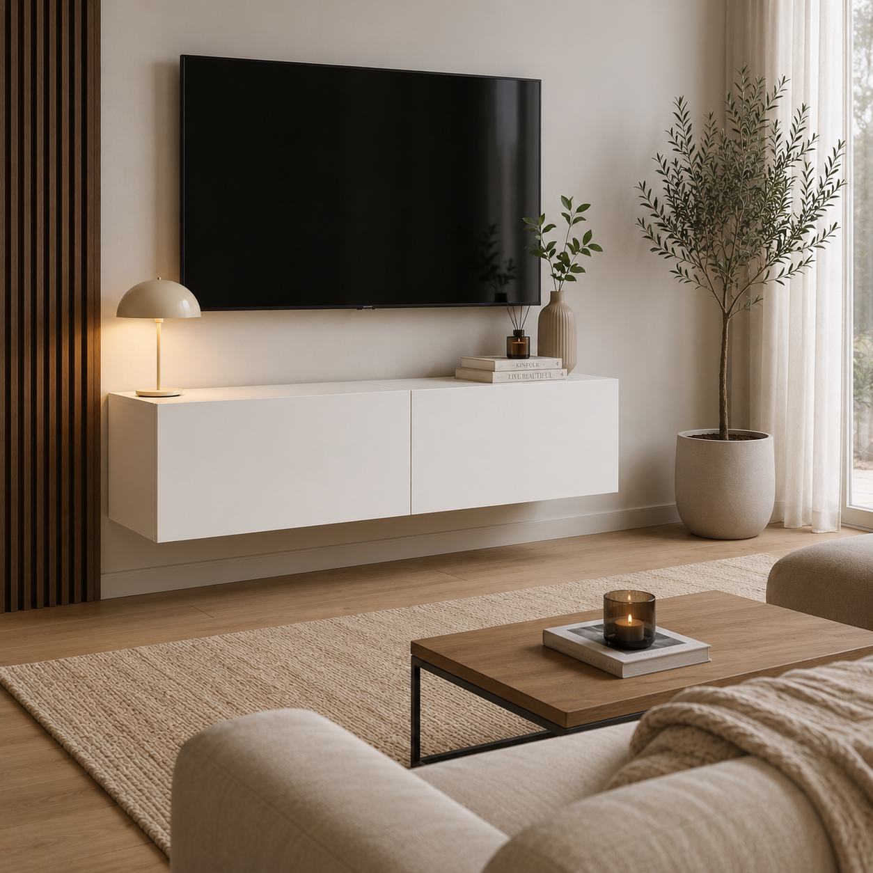 Meuble TV Suspendu 100cm Blanc à Portes Abattantes