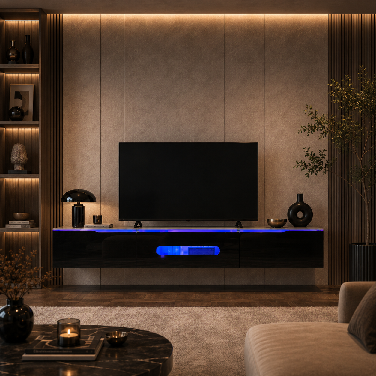 Meuble TV suspendu 180cm Noir avec Éclairage LED 16 Couleurs