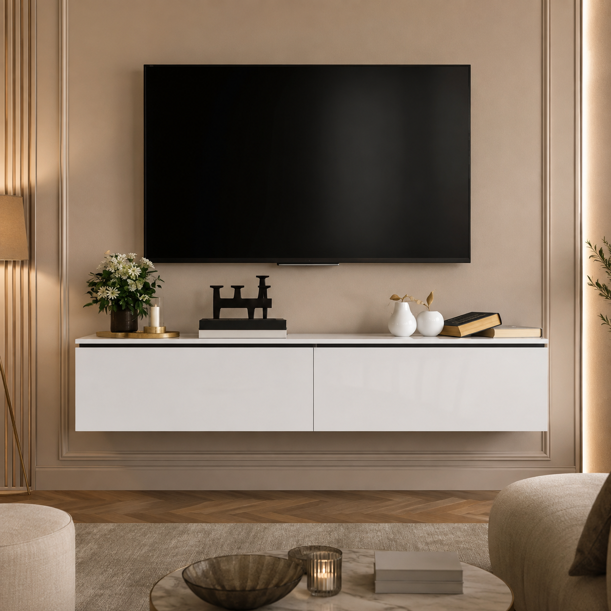 Meuble TV Suspendu 160 cm Blanc Brillant avec Rangements Fermés