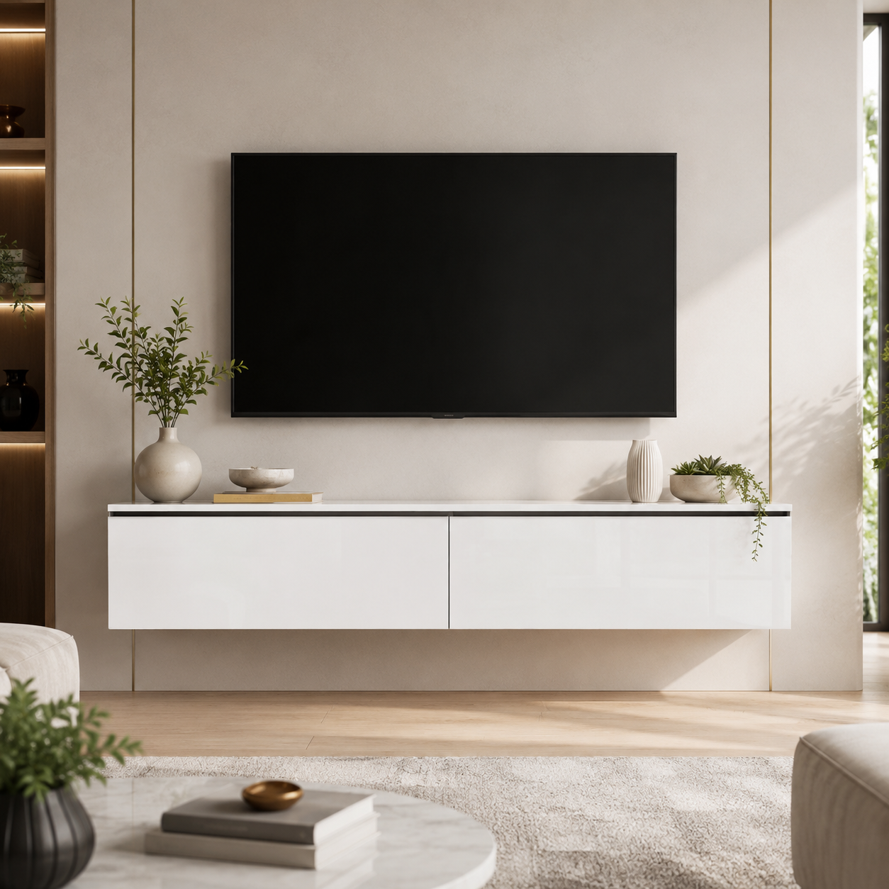 Meuble TV Suspendu 160 cm Blanc Brillant avec Rangements Fermés