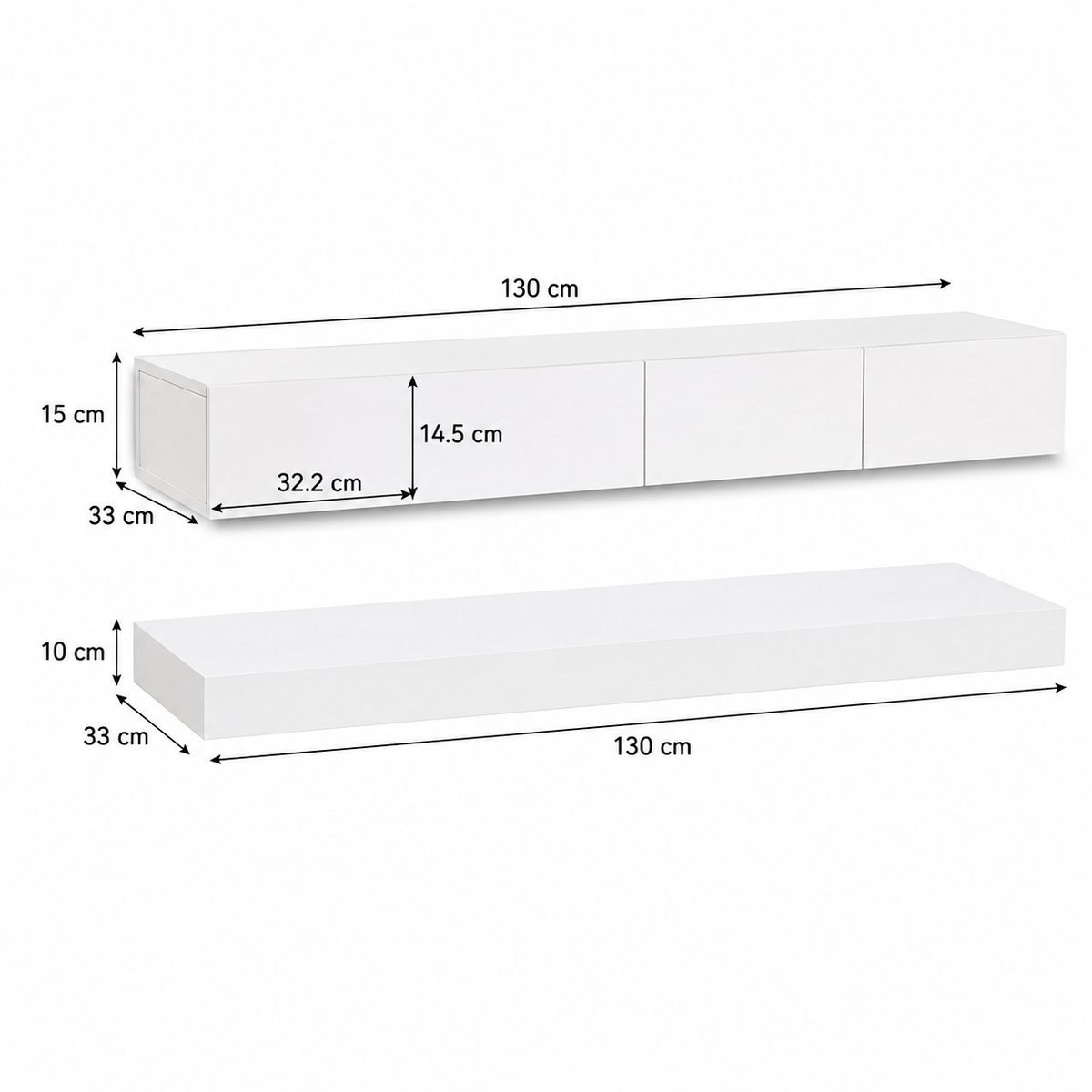 Meuble TV suspendu blanc de 130 cm avec dimensions détaillées et module inférieur séparé de 130 × 33 × 10 cm.