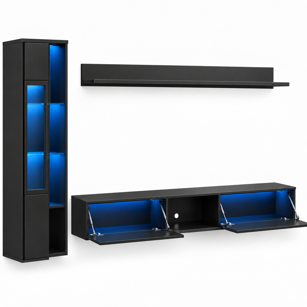 Ensemble meuble TV suspendu 180cm 3 Pièces Noir avec Éclairage LED