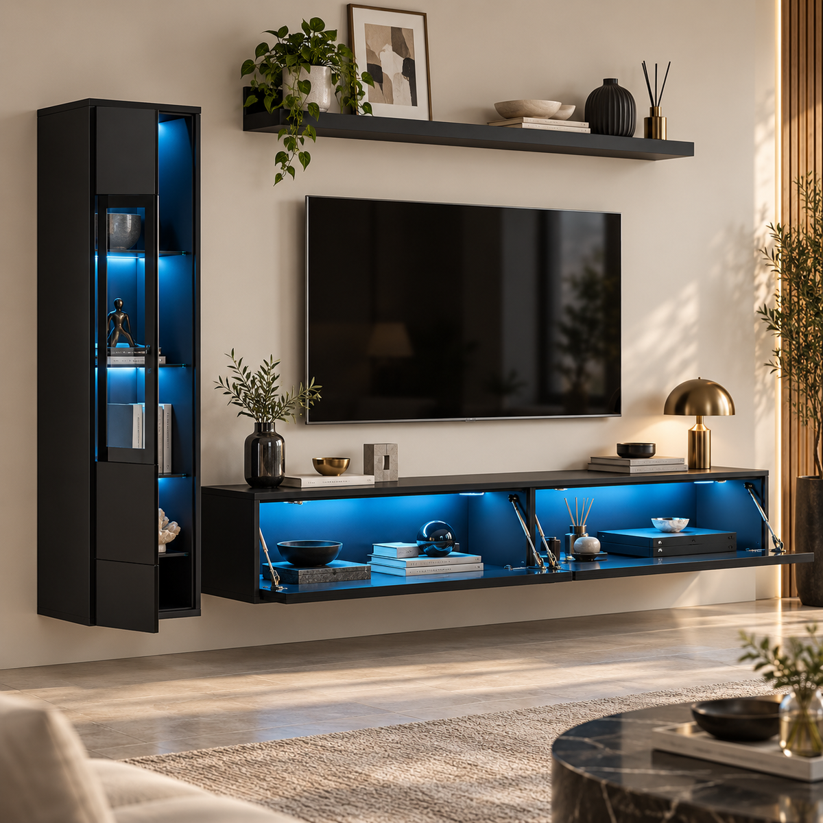 Ensemble meuble TV suspendu 180cm 3 Pièces Noir avec Éclairage LED