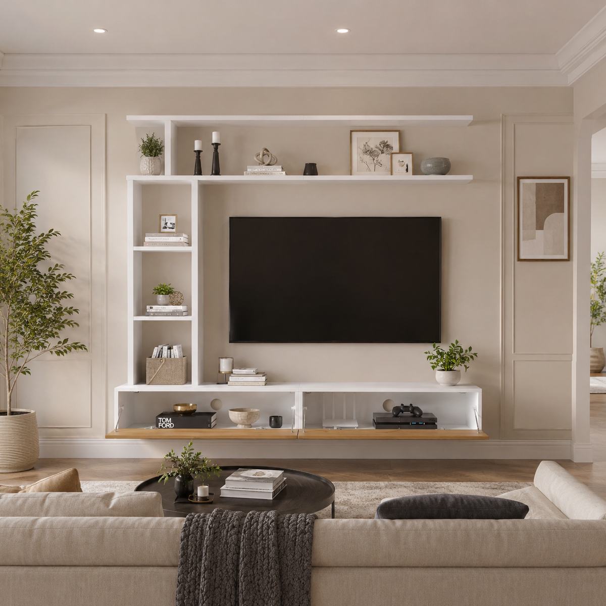Ensemble TV mural avec meuble suspendu en bois naturel, rangements ouverts et étagères blanches autour de la télévision