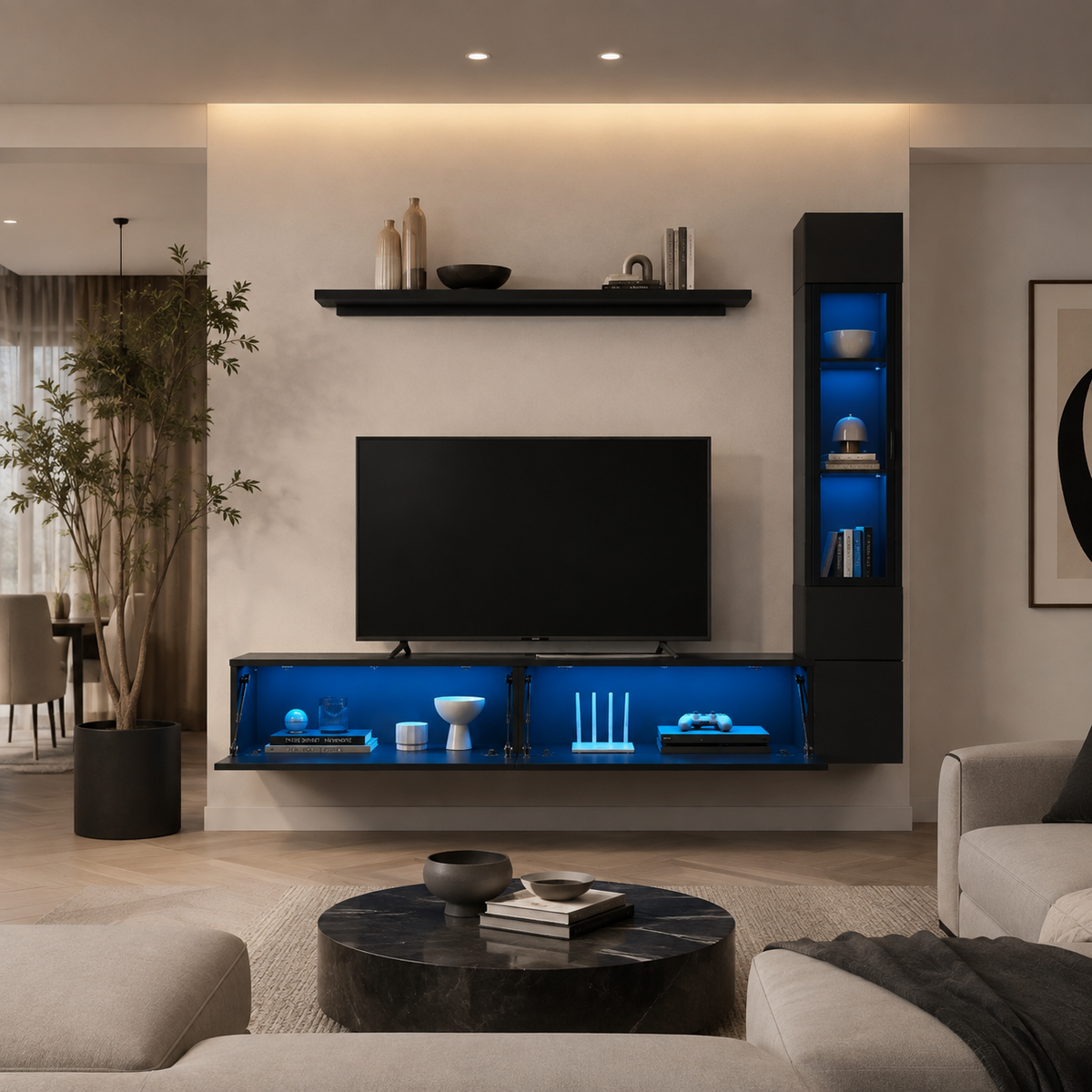 Ensemble mural noir avec meuble TV suspendu ouvert, étagère supérieure et colonne de rangement éclairées en bleu
