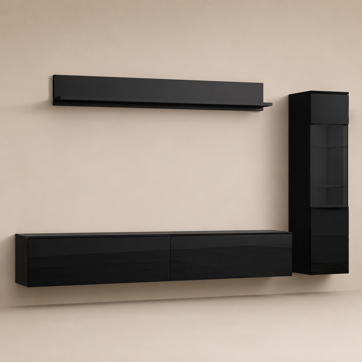 Ensemble meuble TV mural noir avec meuble suspendu, étagère haute et colonne de rangement, conçu pour un salon moderne et structuré.