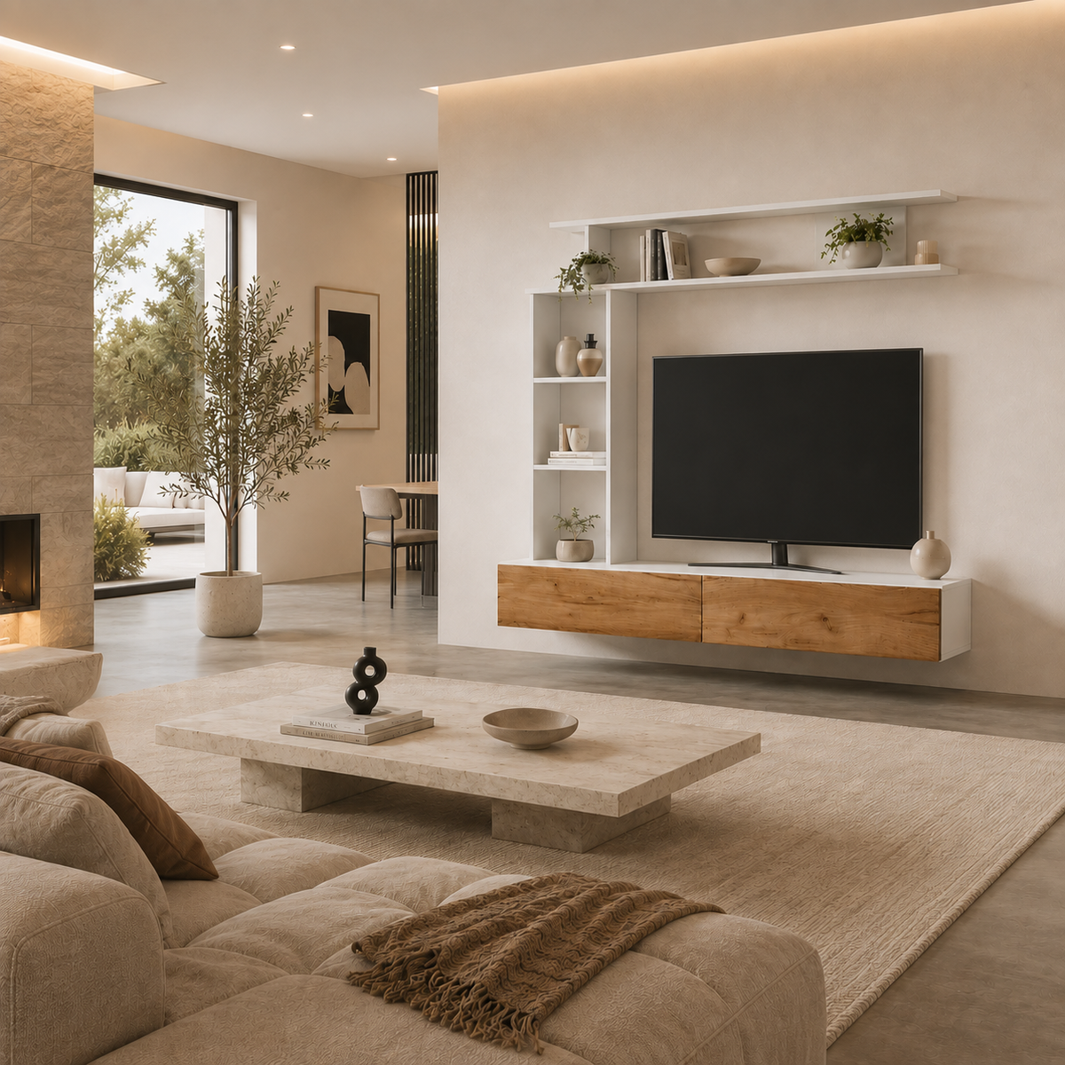 Ensemble meuble TV suspendu en bois clair avec étagères murales et rangements intégrés, pensé pour un salon lumineux, élégant et contemporain.