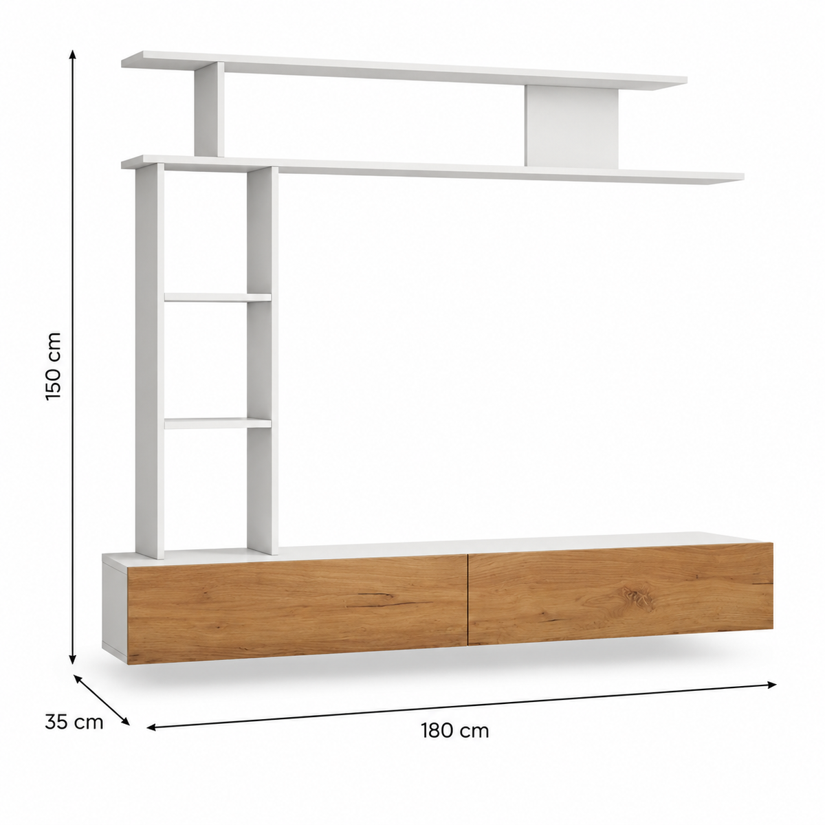 Ensemble TV mural de 180 cm avec meuble suspendu en bois naturel, étagères blanches et dimensions 180 × 150 × 35 cm
