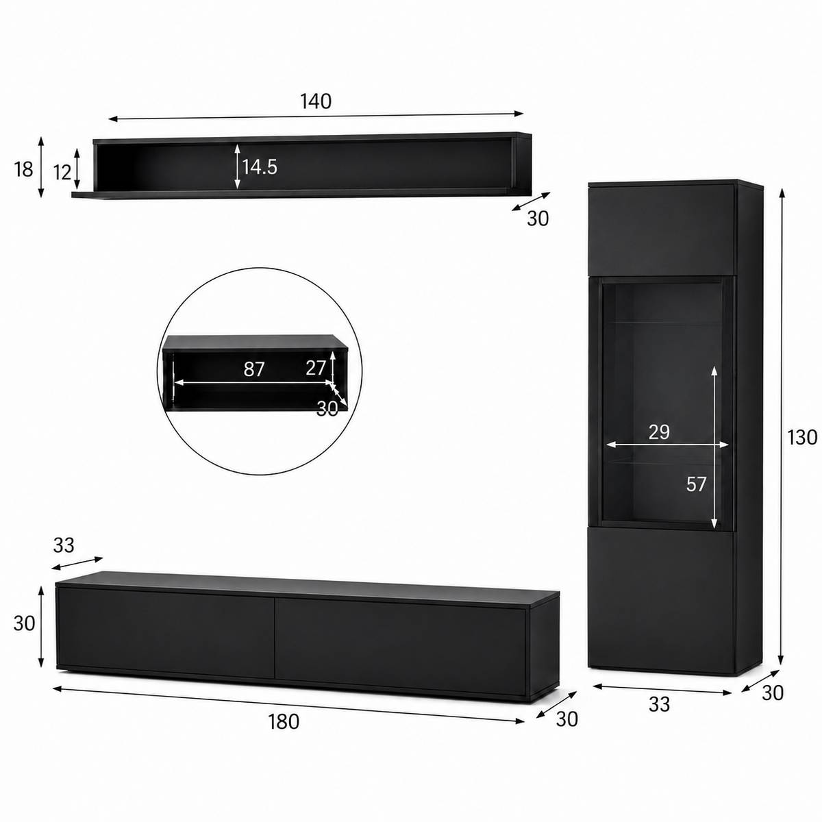 Ensemble TV mural noir avec meuble suspendu 180 cm, étagère 140 cm et colonne de rangement 130 cm, dimensions détaillées