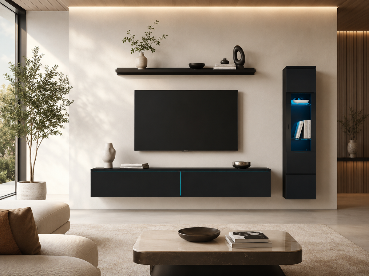Ensemble meuble TV suspendu noir avec étagère murale, colonne de rangement et éclairage LED bleu, pour un salon moderne et structuré.