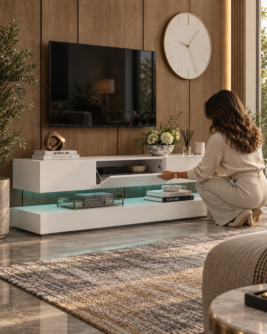 Meuble TV Suspendu 130cm Blanc à LED avec Tiroirs