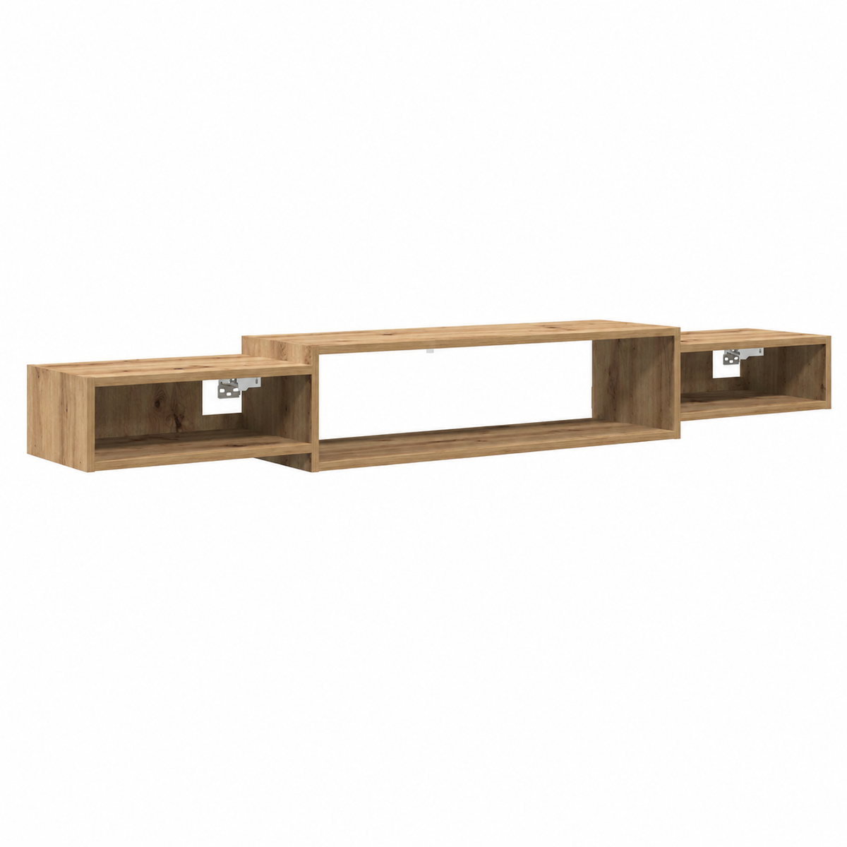 Meuble TV suspendu en bois naturel avec trois niches ouvertes et fixation murale apparente.