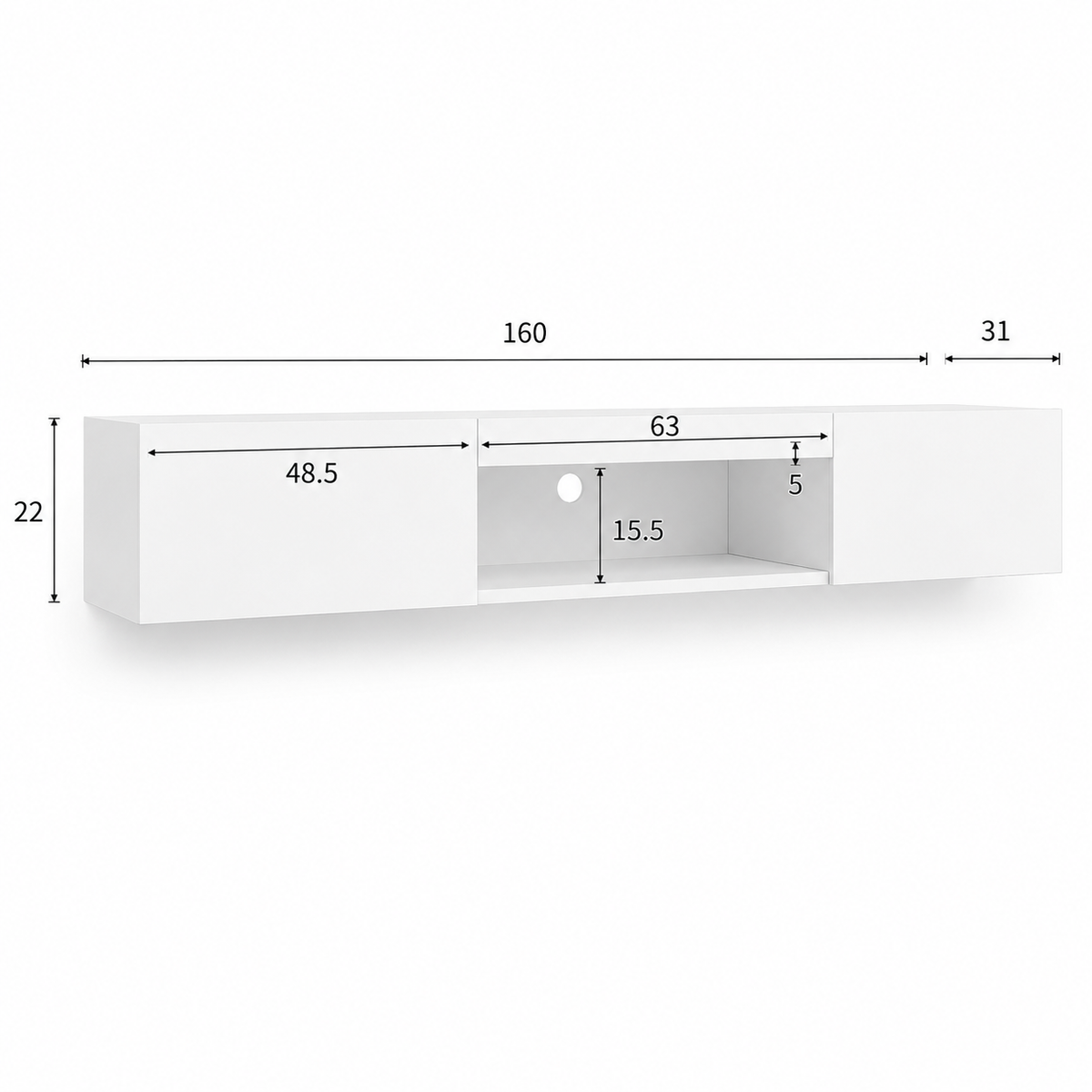 Dimensions du meuble TV suspendu blanc 160 cm : profondeur 31 cm, hauteur 22 cm et niche centrale de 63 cm.